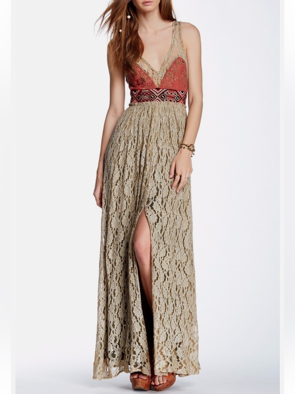 $420 FREE PEOPLE Sz 6 CRUSHED GOLD PARTY EMBELLISHED DRESS BLACKENED GOLD Boho - Picture 2 of 9